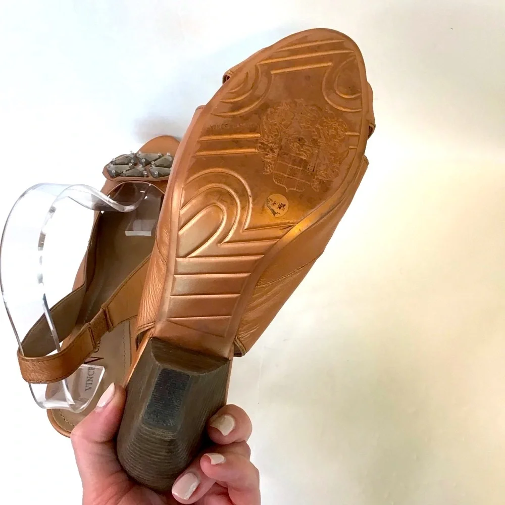 VINCE CAMUTO Metallic Copper Leather MAJORCA Jewel Slingback Peep-Toe Heels 9.5